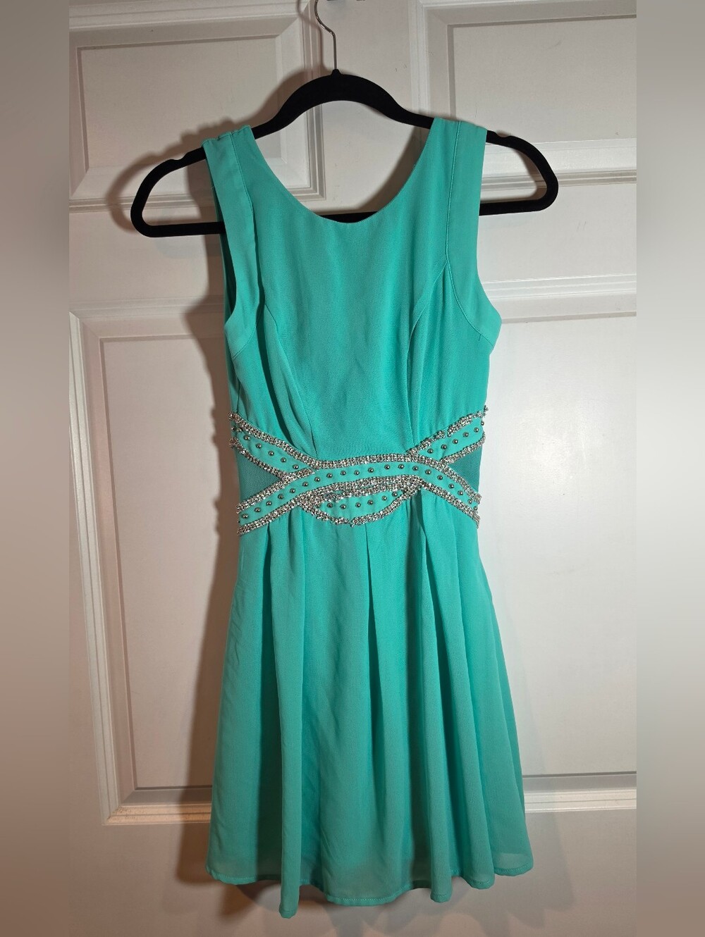 Crystal Doll Sleeveless Beaded Waist Cocktail Dress Aqua Green Size 1 Minor Flaw